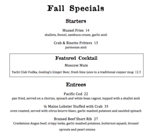 Fall Specials Menu