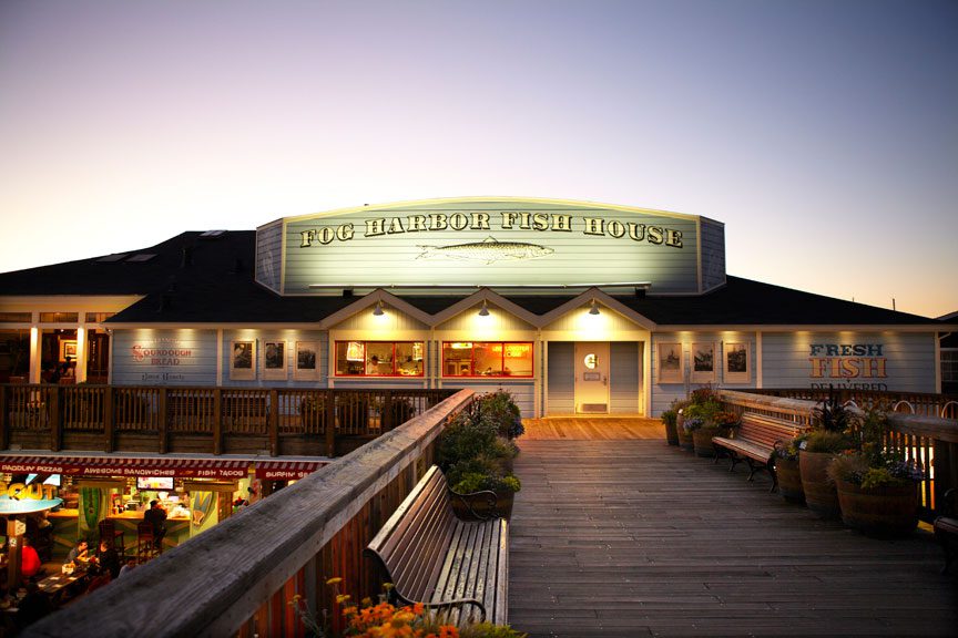 Front of Fog Harbor Fish House at dusk