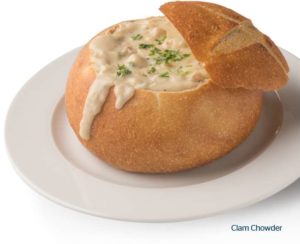 clam chowder in sourdough bread bowl