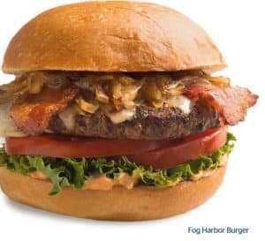 hamburger with bacon and caramelized onions
