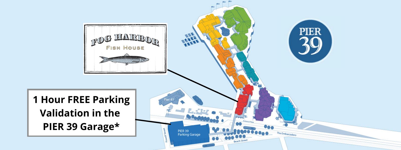 Map of pier 39 with fog harbor fish house