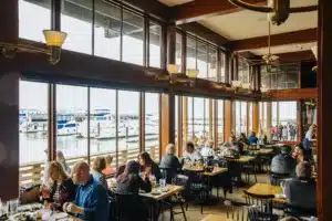Pier Market Seafood Restaurant on Pier 39 in San Francisco, interior dining room private dining large windows waterfront Bay views