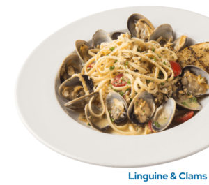 Linguine, fresh clams, garlic, olive oil, tomatoes, white wine and butter, topped with parmesan cheese in a bowl with the caption Linguine & Clams