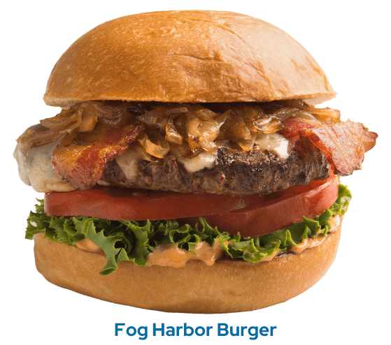 Bacon and caramelized onion burger at Fog Harbor Fish House