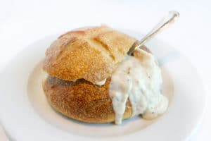 Fog Harbor clam chowder in a sourdough bread bowl