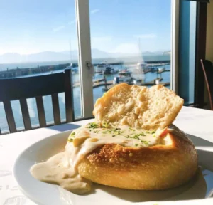 San Francisco’s Bay featured in the background of a dish of clam chowder.