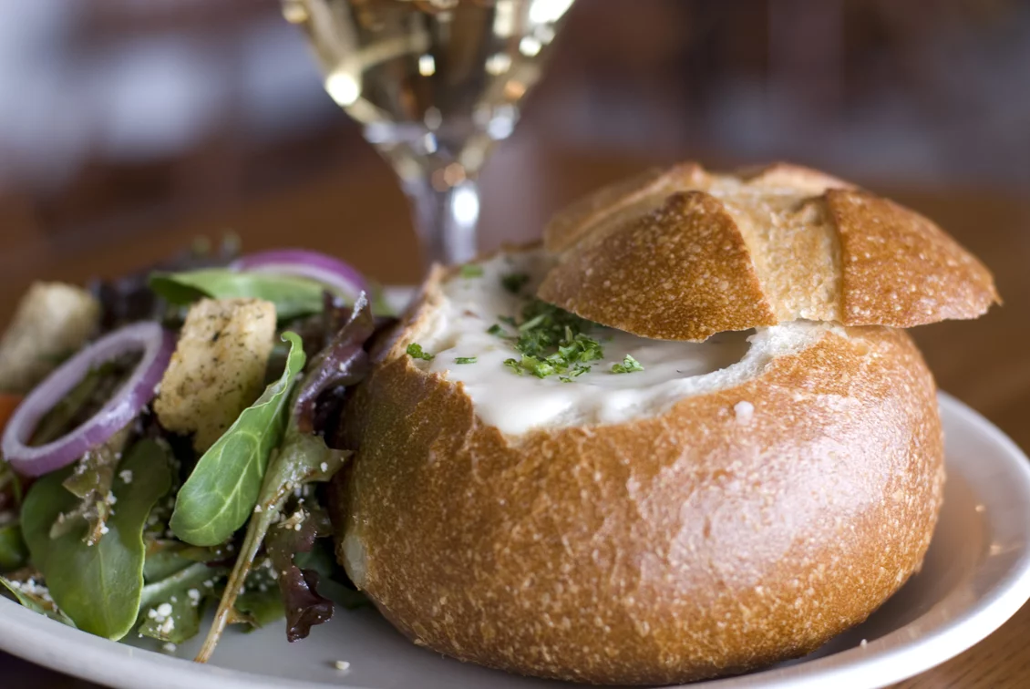 Fog Harbor’s Clam Chowder with a glass of beer.